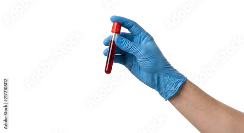 Blood test tube held by gloved hand, doctor scientist, laboratory research, healthcare, disease diagnosis, World Blood Donor Day. white background, copy space