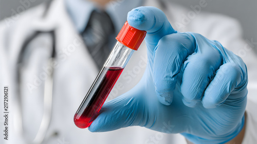 Blood test tube held by gloved hand, doctor scientist, laboratory research, healthcare, disease diagnosis, World Blood Donor Day, medical campaign.