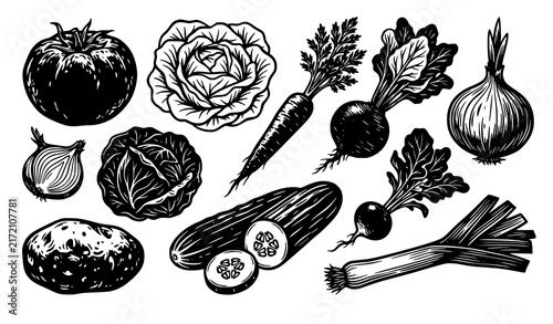 Black and White Vegetable Vector Collection Detailed Farm Produce Illustrations