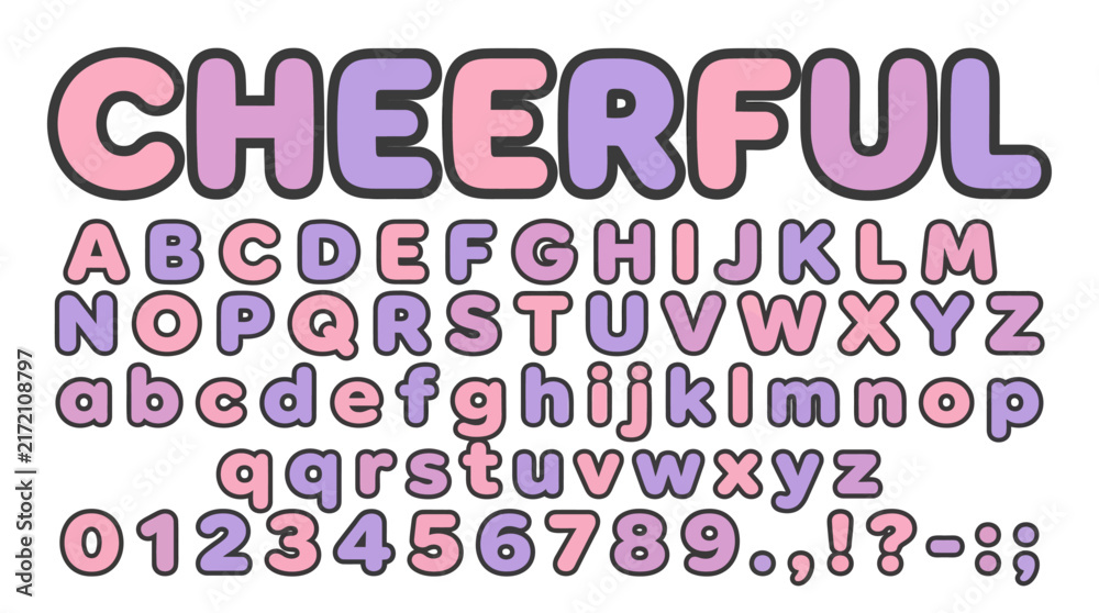 Obraz premium Cute Alphabet Font Cheerful Bubble Letters and Numbers in Pastel Pink and Purple