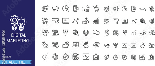 Modern Digital Marketing Vector Icon Set. Online Business Symbols Collection. 40 Editable Elements For Websites, Presentations And Mobile App Design