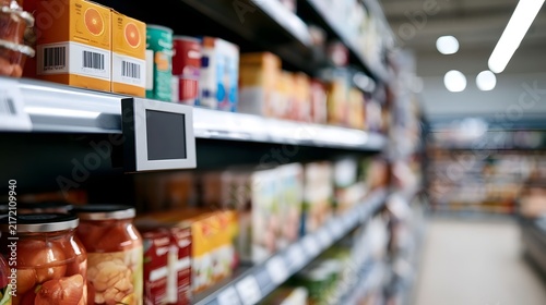 A close up view of a digital shelf label mounted on a supermarket aisle with various packaged food items on shelves
