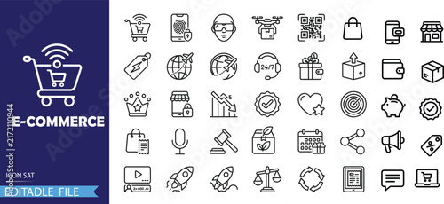 E-commerce Icon Set. Minimalist Online Shopping and Retail Symbols. Thin Outline Business Graphics for Web and Mobile App Design. Vector Editable File.