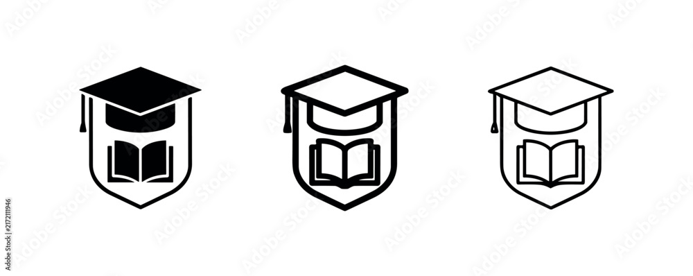 Fototapeta premium Graduation Cap on Shield with Open Book Icon Set for Academic Excellence and Educational Logo