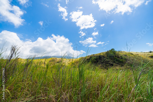 Serene rural landscape featuring lush green grass and rolling hills beneath a clear blue sky. A peaceful nature scene at the Batu Angus tourist area in Bitung, Indonesia.