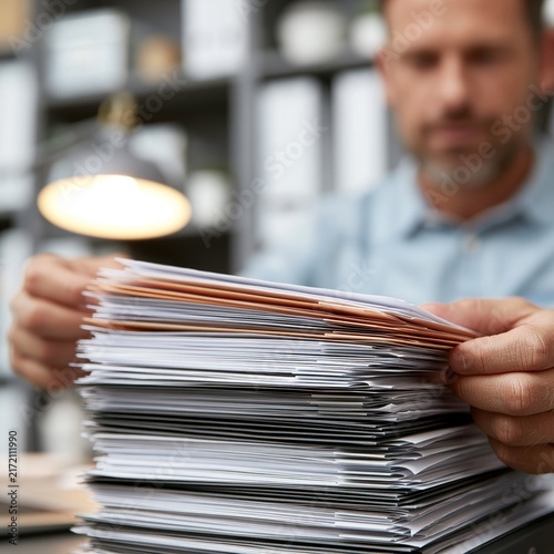 Job seeker organizing multiple resume versions in home office
