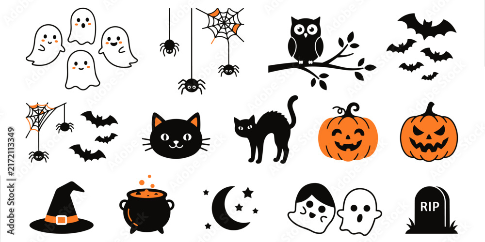 Fototapeta premium Cute Halloween Clipart Vector Set, Kawaii Spooky Ghost Black Cat Pumpkin Silhouette, Cauldron Owl Bat Tombstone Cut File