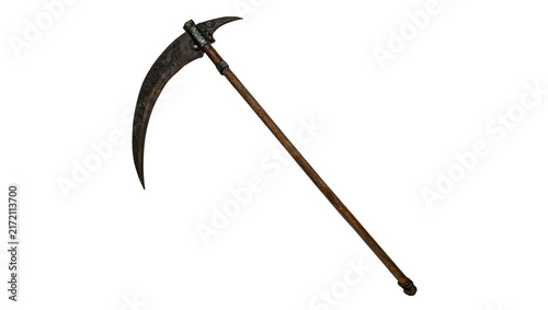 Obraz na plátně Traditional metal agricultural hand scythe tool with wooden handle isolated on t
