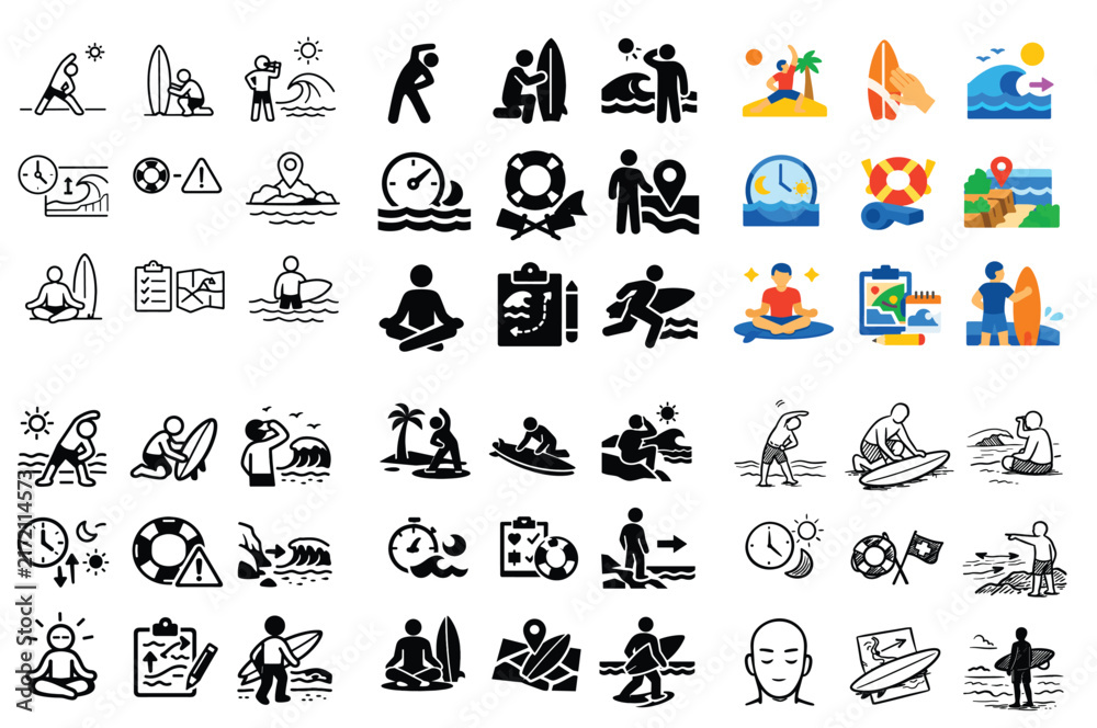 Obraz premium Surfing and beach activity design icons with surfboard, waves and location for mobile app infographic in solid silhouette style