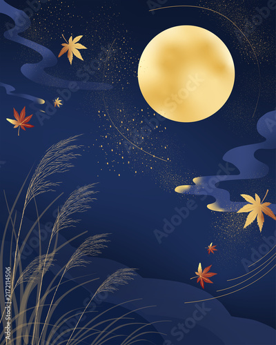満月と紅葉のお月見の背景素材：紺色の夜空に黄金の満月、紅葉、すすき、流れる雲を描いた縦型の和風イラスト。月見関連商品のSNS広告、Webバナー、ポストカード、アートボード、ノートの表紙に使いやすい背景素材です。