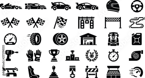 Canvas Print Motorsport and Racing Silhouette Icons Collection with Formula Car, Racing Helme