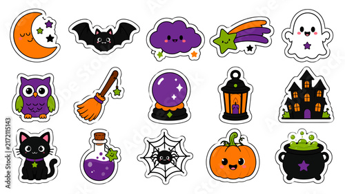 Cute Halloween Sticker Set with Kawaii Ghost Pumpkin Bat and Magical Witch Elements