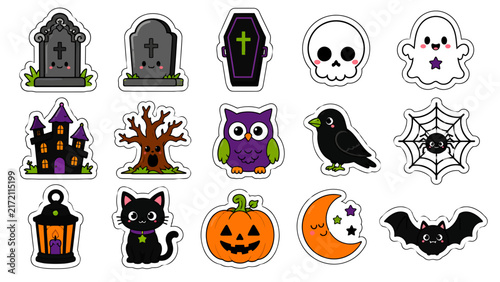 Cute Halloween Sticker Set with Kawaii Ghost Pumpkin Cat and Spooky Holiday Icons