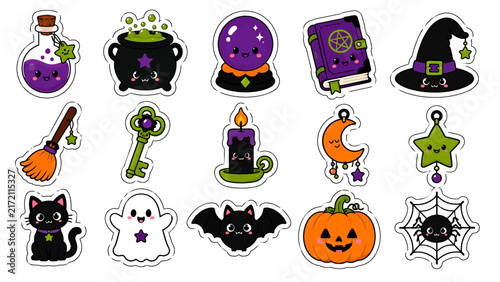 Cute Halloween Sticker Set with Kawaii Witchcraft Icons and Spooky Magic Elements