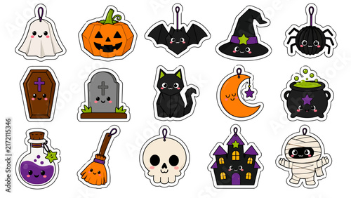 Cute Kawaii Halloween Sticker Set with Spooky Characters and Festive Holiday Icons