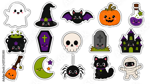 Cute Halloween Kawaii Sticker Set with Ghost Pumpkin Bat and Spooky Characters