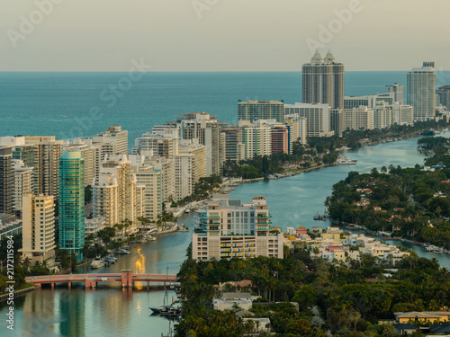 Photography Aerial stock photo of Miami Beach oceanfront condominiums between the Atlantic a
