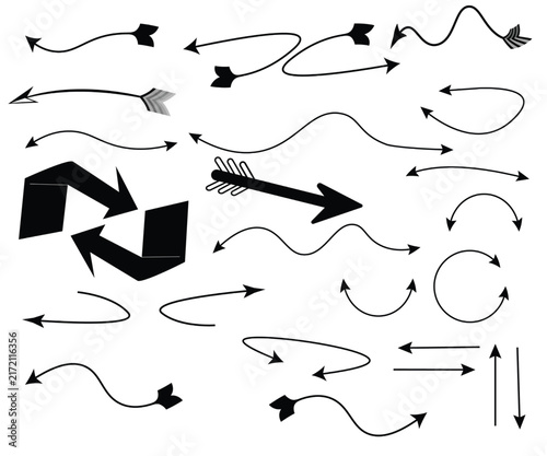 Hand-drawn black arrows set, vector illustration, loop and motion signs, curved lines pointers, recycling symbol and direction indicators for design