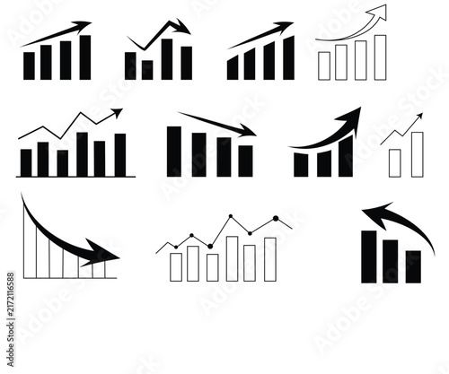 Business Statistics Charts Vector Pack. Bar Graphs With Trend Arrows. Growth And Decline Analytics Icons. Data Visualization Symbols For Financial Reports And Presentations.