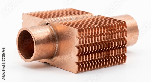 Macro of a commercial chiller evaporator copper tube fin. Micro-stamped pure copper sheet with corrugated louvers for maximum thermal transfer in industrial cooling hardware systems.