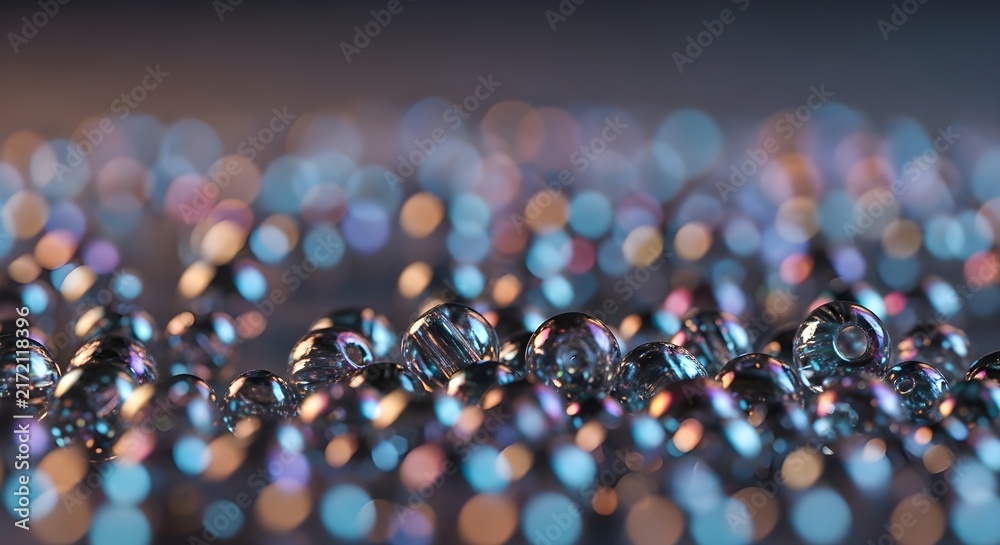 Obraz premium Tiny transparent spheres create a textured pattern. Soft, colorful lights form bokeh.