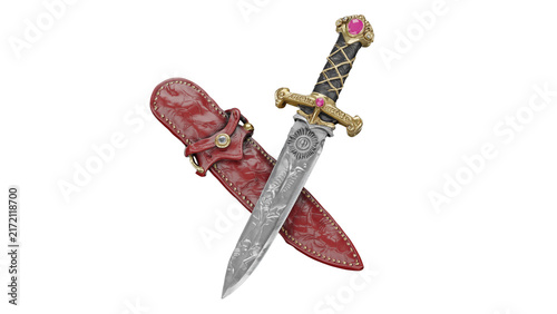 3d rendering ceremonial dagger ruby with ornate design in sheath