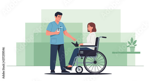 Medical Professional Explaining Equipment to Disabled Woman in a Wheelchair and Assistance