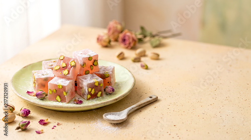 Traditional Vegan Rose and Pistachio Turkish Delight Lokum Cubes Dusted with Sugar. Delicious Eastern Sweet Dessert with Dried Rosebuds and Soft Lighting.