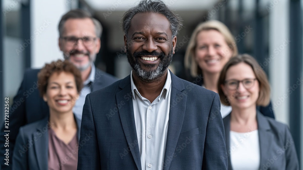 Fototapeta premium Smiling, ethnically diverse group of businessmen and businesswomen creates a strong corporate visual emphasizing success, unity modern workplace collaboration.
