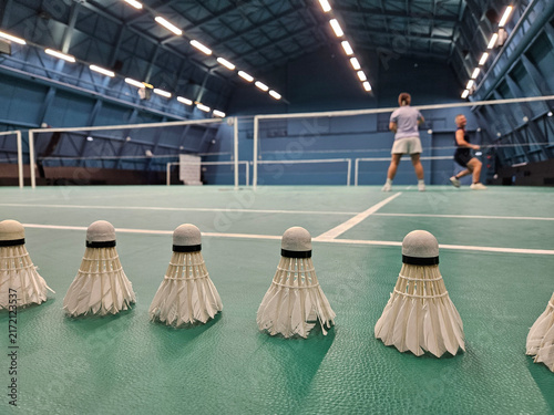 Five shuttlecocks sit neatly on a green badminton court. Two players stand across the net, ready to play. The court has blue walls and high ceilings. Lights hang from the ceiling