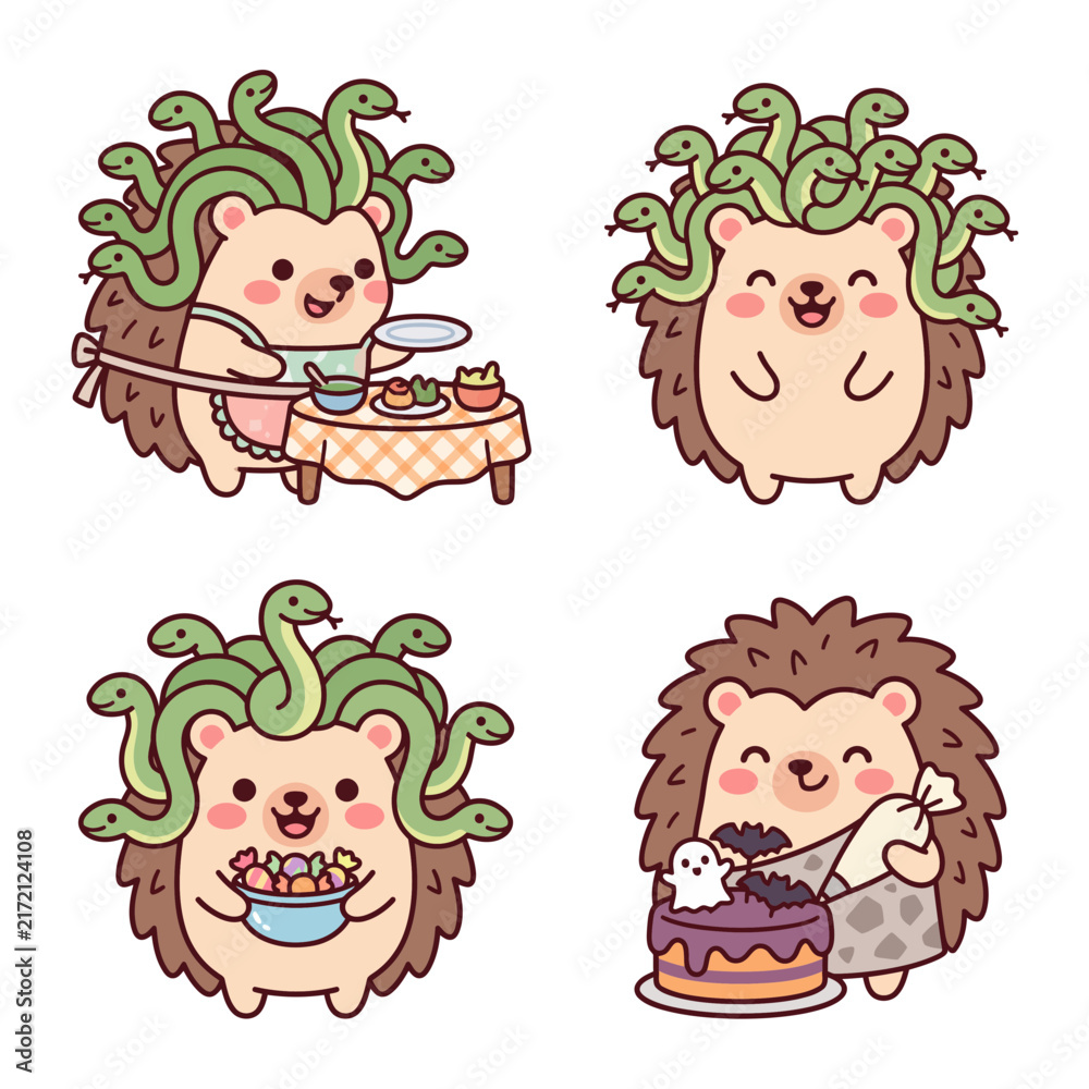 Fototapeta premium Cute hedgehog characters wearing medusa and spooky outfits sticker set