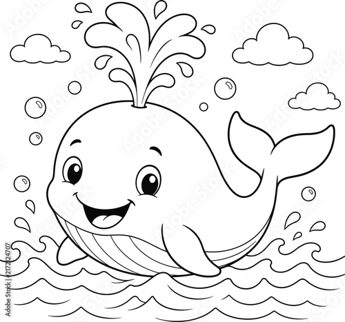 Cute Whale Coloring Page, Cartoon Ocean Animal Outline, Kids Educational Activity Book, Marine Life Line Art Illustration Printable