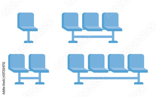 Blue chair set for public waiting area. Collection of row seats for airport, terminal or lobby. Modern furniture icon for office, station, clinic interior layout visualization. Vector illustration