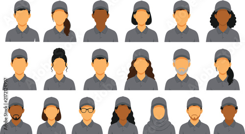 Diverse Gray Uniform Worker Avatar Collection, Flat Vector Employee Characters, Multicultural Professional Staff Profile Icons, Inclusive Personnel Illustration Set