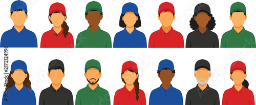 Multicolored Uniform Worker Avatar Collection, Diverse Flat Vector Employee Characters, Multicultural Staff Profile Icons, Professional Personnel Illustration Set Design