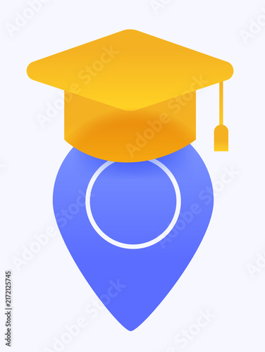 Education location vector icon with yellow graduation cap and blue map pin point