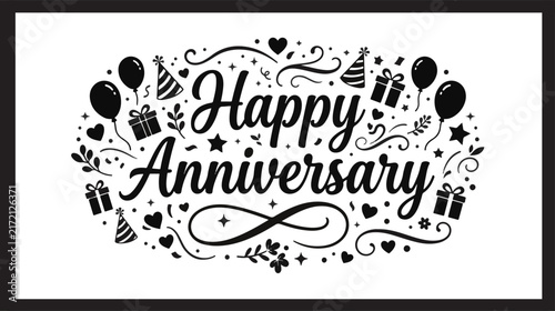 Happy Anniversary Elegant Black and White Typography Design with Decorative Celebration Elements