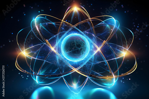 Plakat Quantum Physics: Atomic Structure Model with Neon Blue Orbits