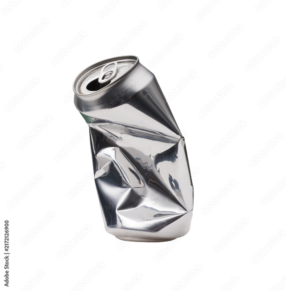Obraz premium Vertical Crushed Silver Aluminum Soda Can Isolated on White