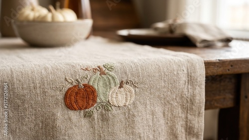 Rustic Autumn Table Runner with Embroidered Pumpkins