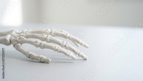 Anatomical human hand skeleton model on white background