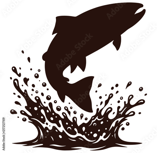 Salmon fish jumping out of water with splashing waves and droplets isolated on white background