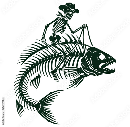 Skeleton cowboy riding giant fish skeleton isolated on transparent background