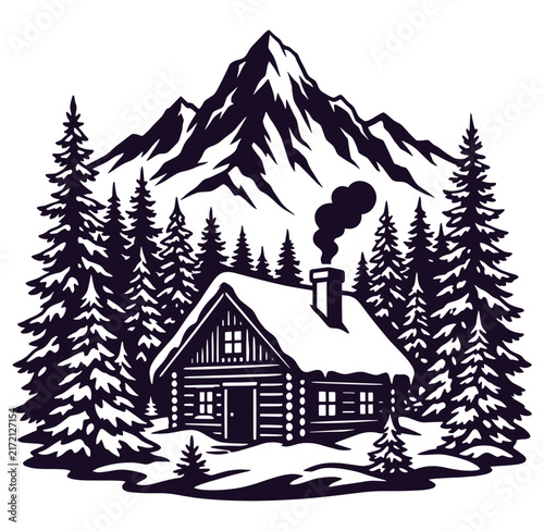 Snowy mountain cabin with pine trees and smoking chimney in winter landscape scene
