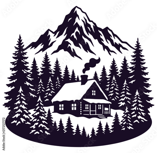 Snowy mountain cabin with pine trees and smokestack  winter landscape scene
