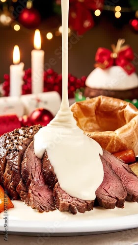 Gourmet Roast Beef Dinner Served with Creamy Horseradish Sauce for Festive Holiday Celebrations