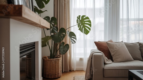 Modern living room with large potted plants and gray sofa by window