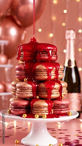 Gourmet Tower of Delicate French Macarons Drizzled with Rich Red Berry Glaze for Elegant Celebration and Festive Dessert Presentation