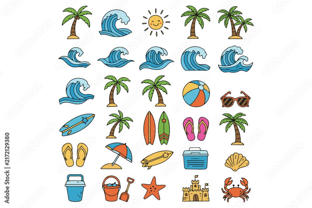 Fototapeta premium Collection of vibrant vector icons depicting various elements associated with summer and beach vacations, including palm trees, ocean waves, sun, surfboards, and sand toys, arranged on a crisp white.