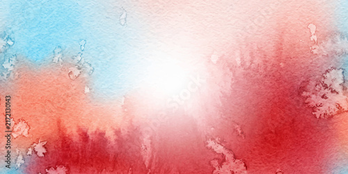 Foto A vibrant watercolor wash, blending soft blues and fiery reds with delicate white highlights, creates an abstract and emotive background perfect for artistic expression